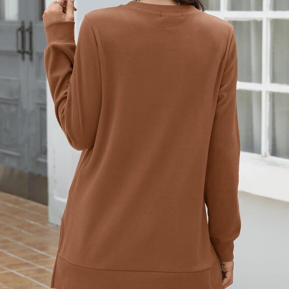 Womens Crewneck Sweater Long Sleeve Pleated Front Casual Fall Outfit - Picture 5 of 5